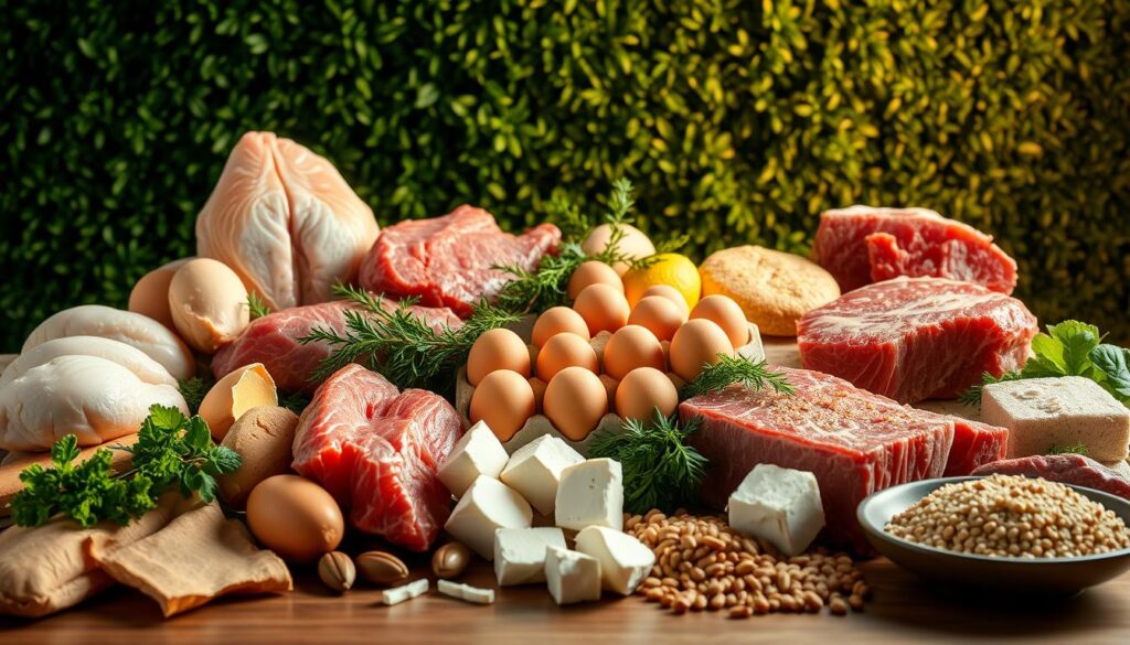 A bountiful still life arrangement showcasing an assortment of protein-rich foods. In the foreground, a selection of lean meats including chicken breasts, salmon fillets, and grass-fed beef steaks are artfully displayed. In the middle ground, a variety of eggs in their shells and a carton of free-range eggs sit alongside plant-based protein sources such as tofu, tempeh, and lentils. The background features a lush, green backdrop, perhaps a well-lit kitchen countertop or a rustic wooden table, creating a warm, natural ambiance. Warm, directional lighting casts a soft, inviting glow over the scene, emphasizing the textures and colors of the diverse protein options. The overall composition conveys a sense of abundance, health, and culinary inspiration.