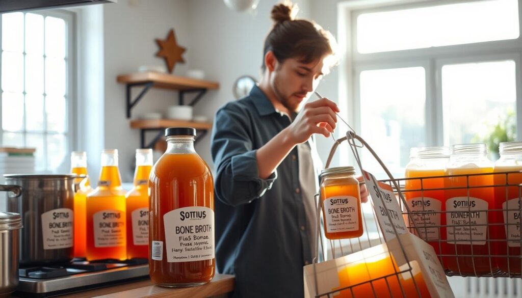A bright, airy kitchen with natural light streaming through large windows. On the counter, an assortment of glass bottles and jars containing bone broth in various stages of production - some simmering on the stovetop, others neatly labeled and ready for purchase. The broth's rich, amber hue is highlighted by the warm lighting, inviting the viewer to examine the labels for details on sodium content, source of the bones, and any additional health-boosting ingredients. In the foreground, a shopper carefully selects a jar, examining it closely before deciding which to add to their basket. The overall scene conveys a sense of care, quality, and the personal connection one can have with the foods that nourish the body. A bright, airy kitchen with natural light streaming through large windows. On the counter, an assortment of glass bottles and jars containing bone broth in various stages of production - some simmering on the stovetop, others neatly labeled and ready for purchase. The broth's rich, amber hue is highlighted by the warm lighting, inviting the viewer to examine the labels for details on sodium content, source of the bones, and any additional health-boosting ingredients. In the foreground, a shopper carefully selects a jar, examining it closely before deciding which to add to their basket. The overall scene conveys a sense of care, quality, and the personal connection one can have with the foods that nourish the body.