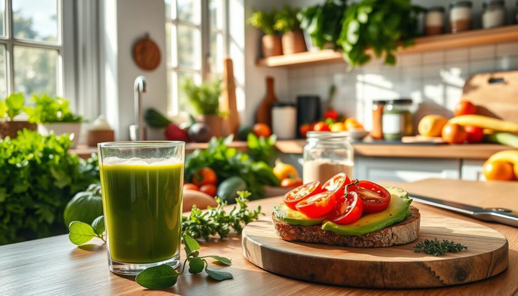 A bright and airy kitchen filled with an array of wholesome ingredients. On the counter, an assortment of fresh produce - leafy greens, colorful vegetables, ripe fruits, and jars of superfood powders. In the foreground, a glass of freshly squeezed green juice, accompanied by a plate of avocado toast adorned with sliced tomatoes and a drizzle of olive oil. Sunlight streams in through large windows, casting a warm glow over the scene. A wooden cutting board with a knife and various herbs stands ready for meal preparation. The overall atmosphere is one of wellness, nourishment, and a holistic approach to healthy eating. A bright and airy kitchen filled with an array of wholesome ingredients. On the counter, an assortment of fresh produce - leafy greens, colorful vegetables, ripe fruits, and jars of superfood powders. In the foreground, a glass of freshly squeezed green juice, accompanied by a plate of avocado toast adorned with sliced tomatoes and a drizzle of olive oil. Sunlight streams in through large windows, casting a warm glow over the scene. A wooden cutting board with a knife and various herbs stands ready for meal preparation. The overall atmosphere is one of wellness, nourishment, and a holistic approach to healthy eating.