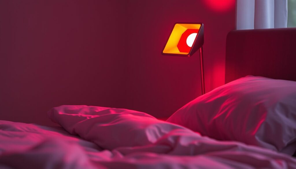 A bright, warm red light emanates from a modern, minimalist nightstand lamp, casting a soft, therapeutic glow throughout the tranquil bedroom. The lamp's angular design and brushed metal finish create an elegant, high-end aesthetic. The light bathes the serene scene in a rich, ruby hue, subtly illuminating the plush bedding and creating a cozy, relaxing ambiance. The overall composition conveys the soothing, restorative essence of red light therapy, perfectly capturing the essence of the "What Counts as "Red Light Therapy" for Sleep?" section. A bright, warm red light emanates from a modern, minimalist nightstand lamp, casting a soft, therapeutic glow throughout the tranquil bedroom. The lamp's angular design and brushed metal finish create an elegant, high-end aesthetic. The light bathes the serene scene in a rich, ruby hue, subtly illuminating the plush bedding and creating a cozy, relaxing ambiance. The overall composition conveys the soothing, restorative essence of red light therapy, perfectly capturing the essence of the "What Counts as "Red Light Therapy" for Sleep?" section.