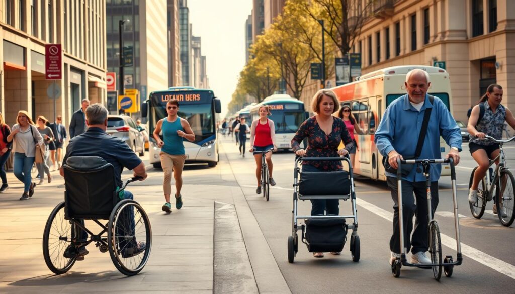 A bustling city street on a sunny day, with people of all ages and abilities going about their daily mobility routines. In the foreground, a person using a wheelchair navigates the sidewalk, while a jogger strides past. In the middle ground, a parent pushes a stroller and an elderly person uses a walker. In the background, commuters board a bus and cyclists weave through traffic. The scene is captured with a wide-angle lens, highlighting the interconnectedness of urban mobility and the diverse ways people move through their environments. Warm, natural lighting illuminates the scene, creating a sense of vibrancy and inclusivity. A bustling city street on a sunny day, with people of all ages and abilities going about their daily mobility routines. In the foreground, a person using a wheelchair navigates the sidewalk, while a jogger strides past. In the middle ground, a parent pushes a stroller and an elderly person uses a walker. In the background, commuters board a bus and cyclists weave through traffic. The scene is captured with a wide-angle lens, highlighting the interconnectedness of urban mobility and the diverse ways people move through their environments. Warm, natural lighting illuminates the scene, creating a sense of vibrancy and inclusivity.