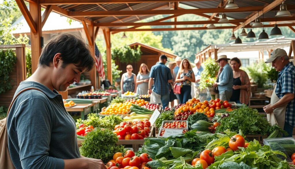 A bustling open-air farmer's market, sun-dappled stalls overflowing with vibrant produce. In the foreground, a shopper examines an array of fresh greens, considering their options with a thoughtful expression. Nearby, a vendor carefully arranges heirloom tomatoes, their vibrant colors catching the warm light. In the middle ground, other shoppers meander between the stalls, bags and baskets in hand, engaged in lively conversations with the friendly merchants. The background features a mix of rustic wooden structures and lush greenery, creating a welcoming, down-to-earth atmosphere. The overall scene conveys a sense of connection to the land, seasonal abundance, and the joy of sourcing local, sustainable food.