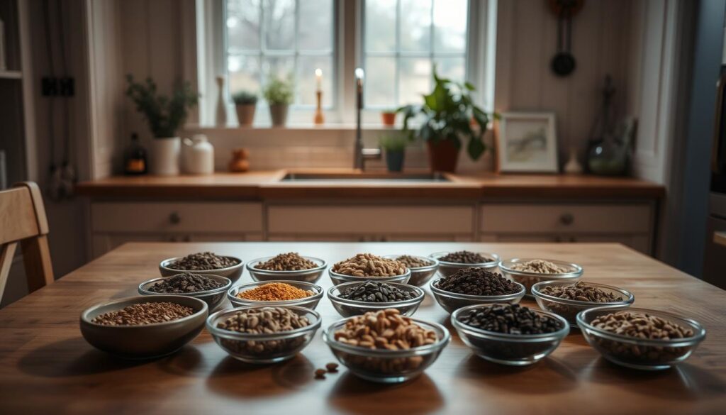 A calm, well-lit kitchen interior with a central table. On the table, an array of various seeds arranged in small bowls. A warm, diffused lighting illuminates the scene, highlighting the textures and colors of the seeds. In the background, potted herbs or plants add a sense of natural vitality. The overall mood is one of thoughtful consideration, inviting the viewer to explore the nuances of seed cycling safety and its benefits for hormone health. A calm, well-lit kitchen interior with a central table. On the table, an array of various seeds arranged in small bowls. A warm, diffused lighting illuminates the scene, highlighting the textures and colors of the seeds. In the background, potted herbs or plants add a sense of natural vitality. The overall mood is one of thoughtful consideration, inviting the viewer to explore the nuances of seed cycling safety and its benefits for hormone health.