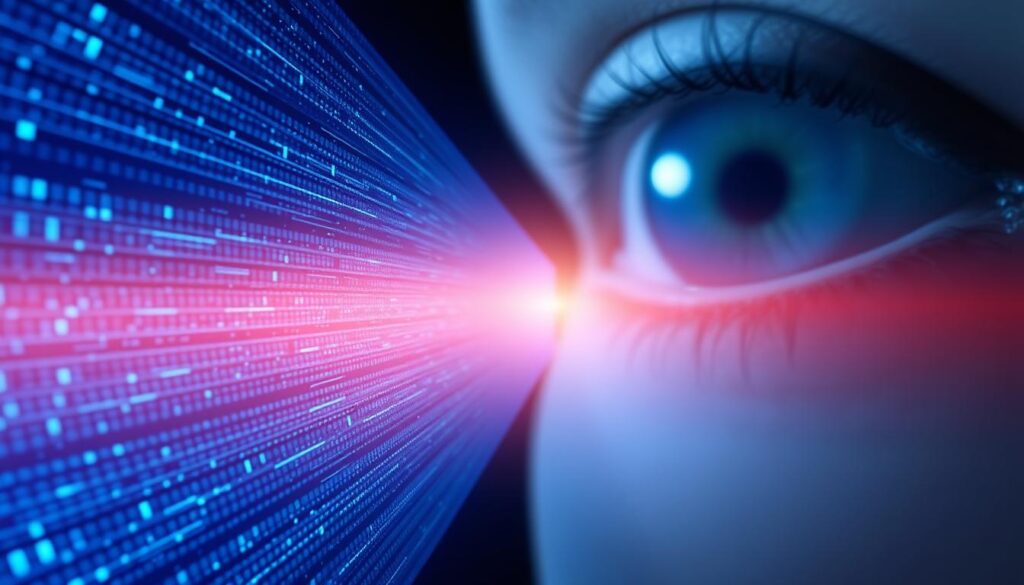 A captivating visualization of the blue light spectrum, showcasing the intricate wavelengths that influence our bodies and circadian rhythms. In the foreground, a vibrant array of shimmering azure hues, each pulsing with a distinct frequency, conveying the dynamic nature of this electromagnetic radiation. The middle ground features a detailed illustration of the ipRGCs (intrinsically photosensitive retinal ganglion cells), highlighting their role in detecting and translating these blue wavelengths into neurological signals that govern our sleep-wake cycles. In the background, a softly blurred depiction of the human eye, emphasizing the delicate interplay between light, the visual system, and the body's internal clock. The overall composition evokes a sense of scientific wonder and the profound impact of this invisible, yet essential, aspect of the light spectrum. A captivating visualization of the blue light spectrum, showcasing the intricate wavelengths that influence our bodies and circadian rhythms. In the foreground, a vibrant array of shimmering azure hues, each pulsing with a distinct frequency, conveying the dynamic nature of this electromagnetic radiation. The middle ground features a detailed illustration of the ipRGCs (intrinsically photosensitive retinal ganglion cells), highlighting their role in detecting and translating these blue wavelengths into neurological signals that govern our sleep-wake cycles. In the background, a softly blurred depiction of the human eye, emphasizing the delicate interplay between light, the visual system, and the body's internal clock. The overall composition evokes a sense of scientific wonder and the profound impact of this invisible, yet essential, aspect of the light spectrum.