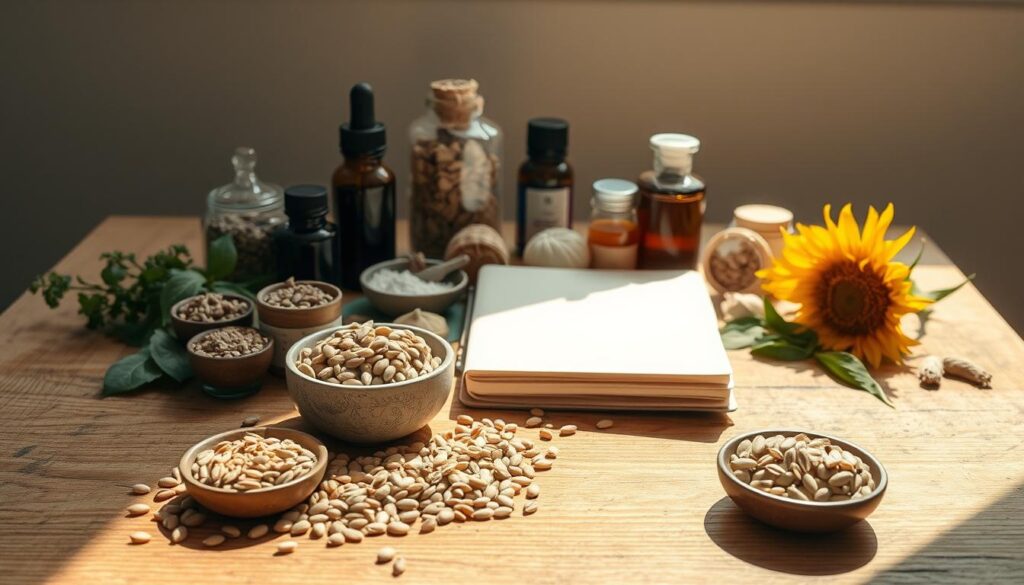 A carefully composed still life scene showcasing an assortment of seeds, herbs, and natural ingredients associated with the practice of "seed cycling" for hormonal health. Arranged on a rustic wooden table, the items are softly illuminated by natural window light, creating a warm, inviting atmosphere. In the foreground, a variety of seeds such as flax, pumpkin, and sunflower are displayed in small bowls, while in the middle ground, dried herbs, tinctures, and a journal or notebook suggest the educational and research-oriented aspects of this natural health approach. The background features a simple, uncluttered setting, allowing the primary subject to be the focus of attention. The overall mood is one of safety, knowledge, and wellness, reflecting the key themes of the "Safety, Smart Use, and Practical Tips" section.