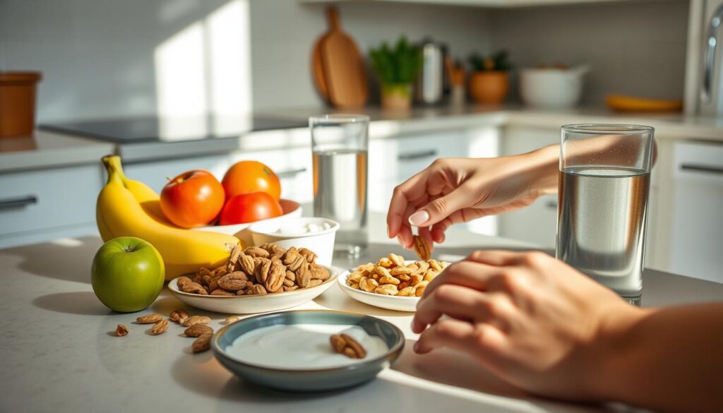 A clean, well-lit kitchen counter with an array of healthy breakfast foods laid out - fresh fruits, nuts, yogurt, and a glass of water. In the foreground, a person's hands intermittently picking at the foods, reflecting the concept of intermittent fasting. The lighting is soft and natural, casting a warm, energizing glow over the scene. The overall mood is one of simplicity, discipline, and a balanced approach to nutrition. The image conveys the idea of achieving steady energy through thoughtful eating habits, without the need for excessive caffeine.