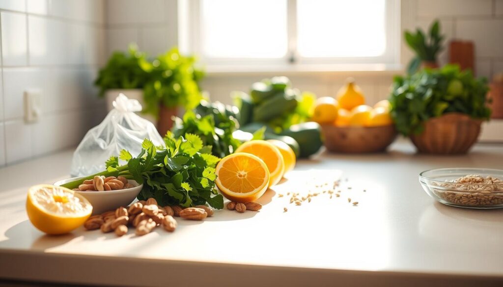 A clean, well-lit kitchen counter with various alkaline diet foods neatly arranged - fresh green vegetables, citrus fruits, nuts, and whole grains. The items are photographed from an angle, casting natural shadows and highlighting their vibrant colors. The background is slightly blurred, creating a sense of focus on the featured ingredients. The lighting is warm and inviting, emphasizing the healthful, natural appeal of an alkaline diet. The overall mood is one of simplicity, clarity, and the promise of nutritional balance. A clean, well-lit kitchen counter with various alkaline diet foods neatly arranged - fresh green vegetables, citrus fruits, nuts, and whole grains. The items are photographed from an angle, casting natural shadows and highlighting their vibrant colors. The background is slightly blurred, creating a sense of focus on the featured ingredients. The lighting is warm and inviting, emphasizing the healthful, natural appeal of an alkaline diet. The overall mood is one of simplicity, clarity, and the promise of nutritional balance.