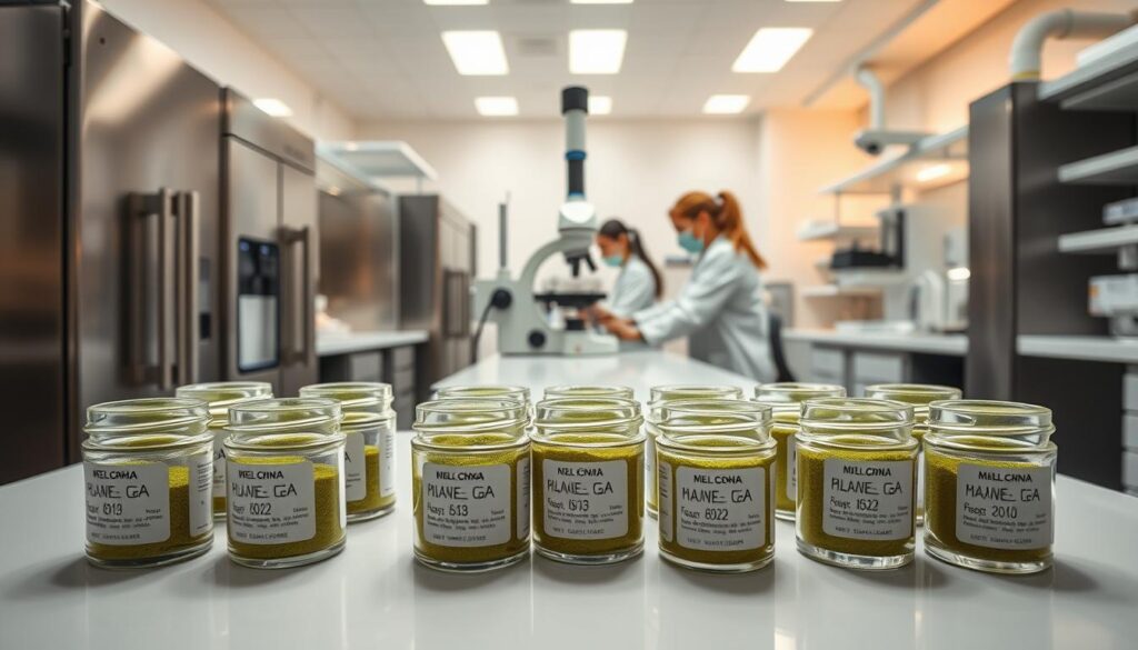 A clean, well-lit laboratory interior with modern equipment and a focus on safety protocols. In the foreground, an array of matcha powder samples in small glass jars, each labeled with key safety information. In the middle ground, a team of researchers in white lab coats carefully examining the samples under a high-powered microscope. The background showcases sleek stainless steel appliances, clean white surfaces, and efficient workflow. Warm yet focused lighting casts a clinical yet reassuring atmosphere, conveying the rigorous scientific investigation into matcha's safety and side effects.
