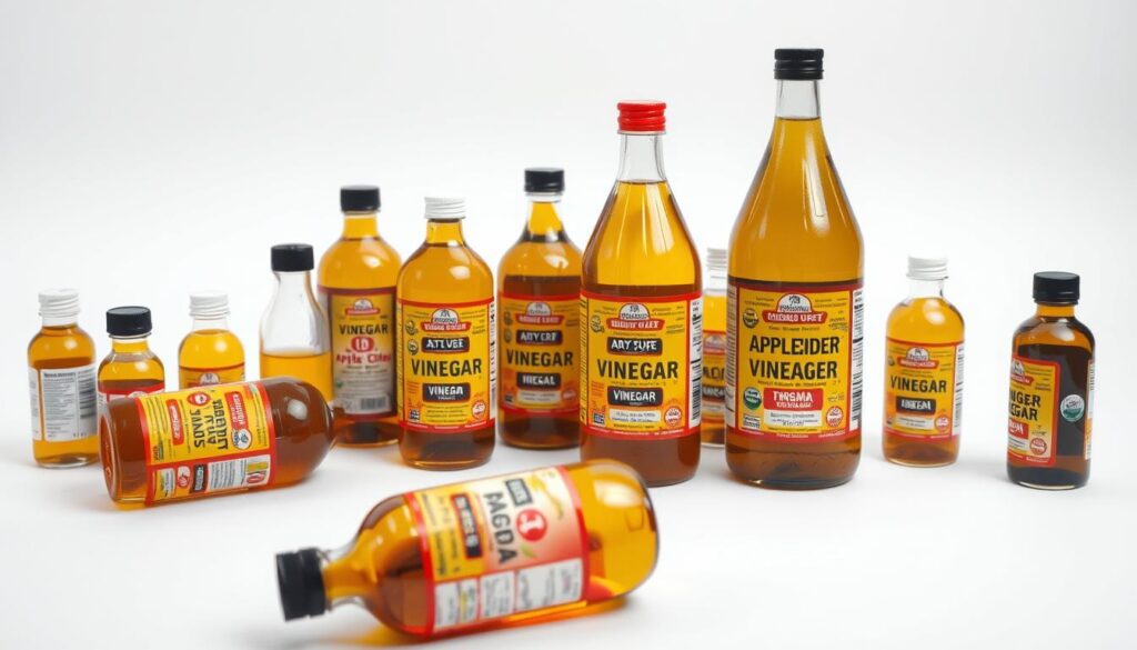 A clean, well-lit studio shot of apple cider vinegar bottles arranged on a plain white surface. The bottles are at various angles, with some upright, some tilted, and others laying down. The bottles are in different sizes, ranging from small to large, reflecting the potential cost and dose variations. The lighting is soft and diffused, creating a sense of clarity and focus on the subject. The background is plain and uncluttered, allowing the bottles to be the central focus of the image. The overall composition is balanced and visually appealing, conveying a sense of thoughtful analysis and consideration of the cost-effectiveness of apple cider vinegar for blood sugar support.