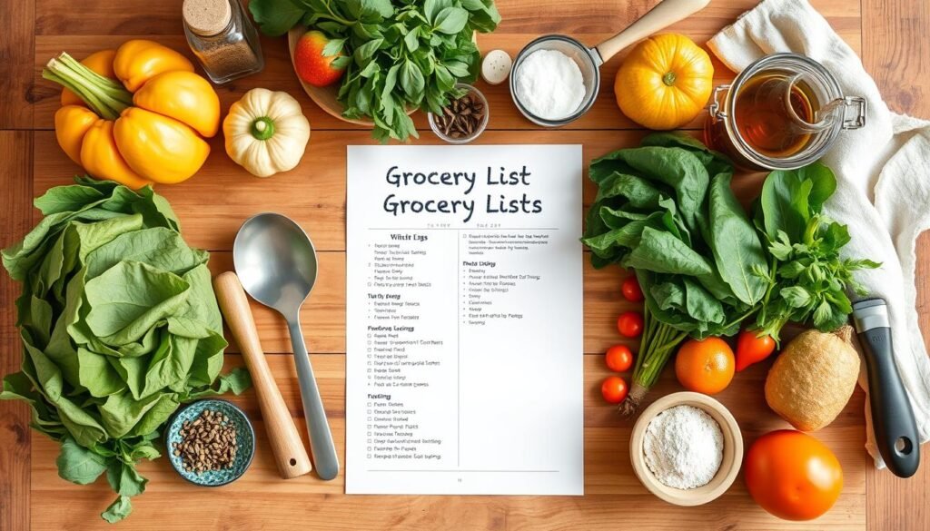 A clean, well-organized grocery list arranged neatly on a wooden table, accompanied by fresh produce, jars of spices, and cooking utensils. The lighting is soft and natural, accentuating the earthy tones and textures of the items. The composition is balanced, with the grocery list taking center stage, surrounded by the supporting ingredients and tools needed for meal preparation. The overall mood is one of calm, intentional organization, reflecting the "smart" and stress-reducing aspects of this nutritious, hormone-balancing meal plan.