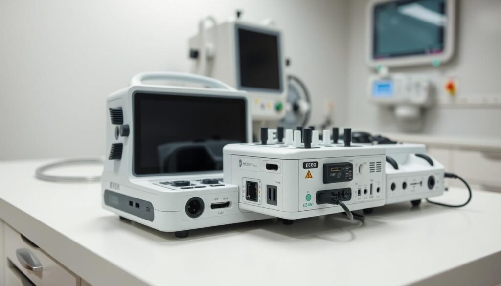 A clinical laboratory setting with advanced EEG (electroencephalography) devices arranged neatly on a clean, white countertop. The devices feature sleek, modern designs with various sensors and ports, conveying a sense of cutting-edge medical technology. Soft, diffused lighting illuminates the scene, creating a calm and professional atmosphere. The devices are positioned at an angle, allowing for a clear, detailed view of their intricate components and controls. In the background, a blurred, out-of-focus medical equipment or scientific apparatus provides a subtle context, emphasizing the specialized nature of the EEG devices. A clinical laboratory setting with advanced EEG (electroencephalography) devices arranged neatly on a clean, white countertop. The devices feature sleek, modern designs with various sensors and ports, conveying a sense of cutting-edge medical technology. Soft, diffused lighting illuminates the scene, creating a calm and professional atmosphere. The devices are positioned at an angle, allowing for a clear, detailed view of their intricate components and controls. In the background, a blurred, out-of-focus medical equipment or scientific apparatus provides a subtle context, emphasizing the specialized nature of the EEG devices.