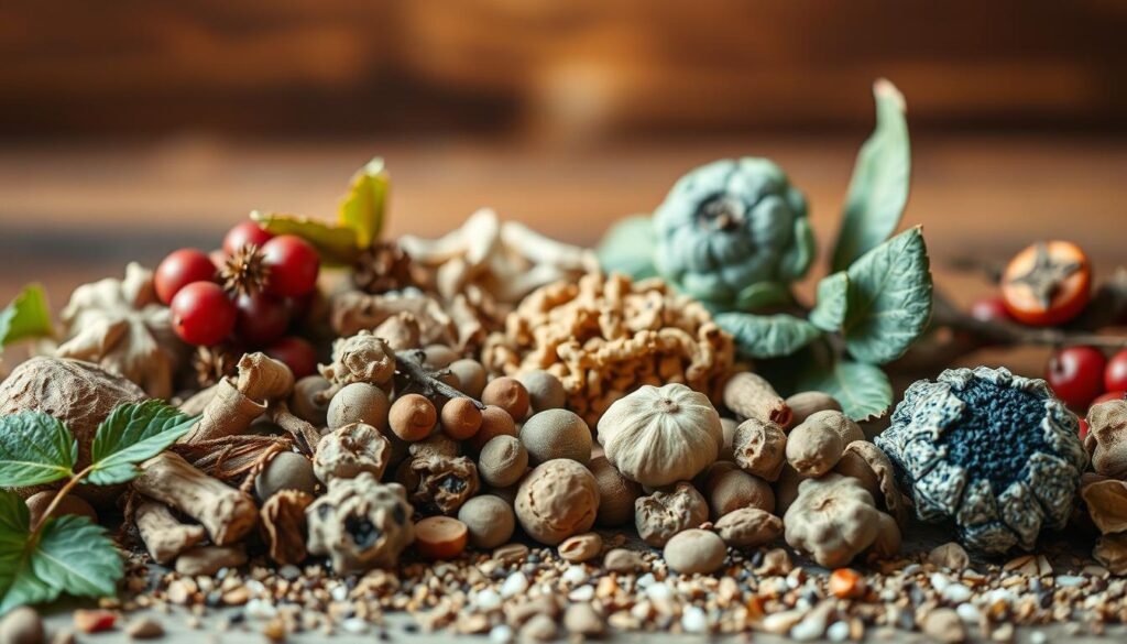 A close-up, high-resolution, macro photograph of an assortment of the most renowned adaptogenic herbs used for stress relief. The foreground showcases a selection of dried roots, leaves, and berries, meticulously arranged in a natural, earthy composition. The middle ground features a soft, blurred background with gentle lighting, creating a serene, calming atmosphere. The image conveys a sense of nature's potent remedies, with each adaptogen prominently displayed to highlight its unique properties and potential benefits for managing stress. The lighting is warm and diffused, emphasizing the vibrant colors and textures of the adaptogenic botanicals. A close-up, high-resolution, macro photograph of an assortment of the most renowned adaptogenic herbs used for stress relief. The foreground showcases a selection of dried roots, leaves, and berries, meticulously arranged in a natural, earthy composition. The middle ground features a soft, blurred background with gentle lighting, creating a serene, calming atmosphere. The image conveys a sense of nature's potent remedies, with each adaptogen prominently displayed to highlight its unique properties and potential benefits for managing stress. The lighting is warm and diffused, emphasizing the vibrant colors and textures of the adaptogenic botanicals.