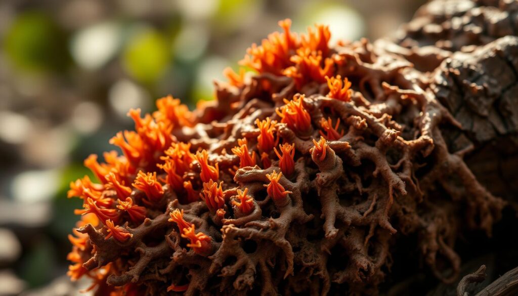 A close-up, high-resolution photograph of a rhodiola root. The root is positioned in the foreground, filling the frame with its intricate, gnarled texture and vibrant reddish-orange hue. The lighting is soft and natural, illuminating the root's contours and highlighting its distinctive features. The background is blurred, creating a sense of depth and focus on the root itself. The image conveys a sense of ancient wisdom, resilience, and the potent medicinal properties of this remarkable plant.