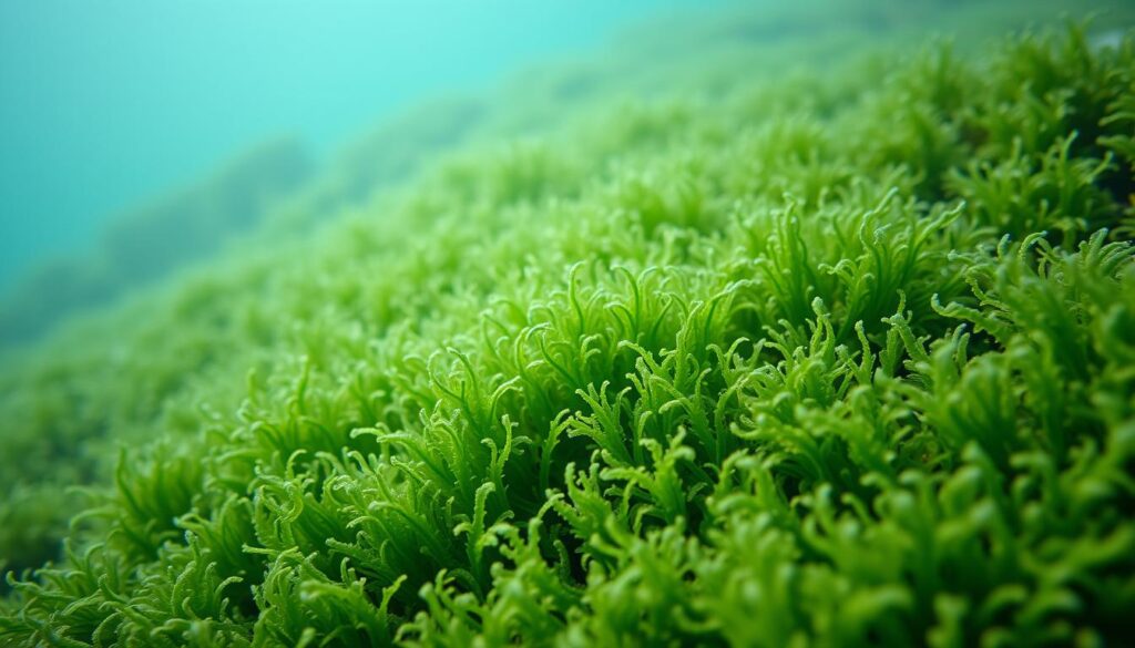 A close-up, high-resolution photograph of a thick, lush carpet of vibrant green sea moss, its delicate fronds gracefully swaying in a gentle underwater current. The sea moss is prominently featured, filling the frame with its intricate, organic textures and hues that range from deep emerald to soft sage. The lighting is soft and diffused, creating a sense of tranquility and natural beauty. The background is blurred, gently fading into a hazy, aquamarine-tinted seascape, emphasizing the sea moss as the focal point. The overall composition and tone evoke a sense of the sea's abundant, untamed natural bounty. A close-up, high-resolution photograph of a thick, lush carpet of vibrant green sea moss, its delicate fronds gracefully swaying in a gentle underwater current. The sea moss is prominently featured, filling the frame with its intricate, organic textures and hues that range from deep emerald to soft sage. The lighting is soft and diffused, creating a sense of tranquility and natural beauty. The background is blurred, gently fading into a hazy, aquamarine-tinted seascape, emphasizing the sea moss as the focal point. The overall composition and tone evoke a sense of the sea's abundant, untamed natural bounty.
