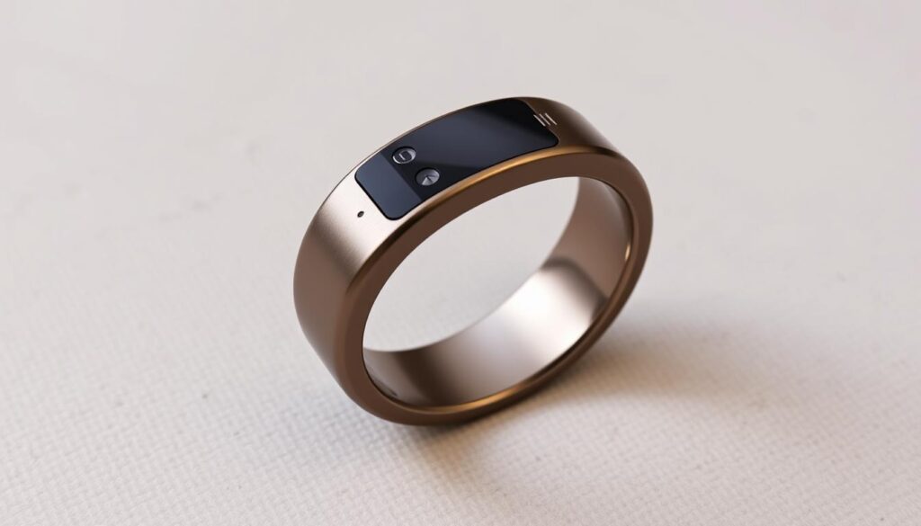 A close-up, high-resolution photograph of the latest Oura Ring 4 fitness tracker. The ring is displayed on a neutral background, with soft, even lighting that accentuates its sleek, metallic finish. The camera angle captures the ring from a slightly elevated perspective, allowing the viewer to appreciate its minimalist design and various sensors. The image conveys a sense of premium craftsmanship and modern, discreet functionality, highlighting the Oura Ring's ability to seamlessly integrate with the wearer's lifestyle and provide comprehensive sleep and activity tracking data.