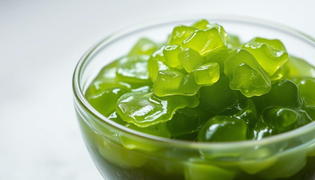 A close-up, highly detailed photograph of a glass bowl filled with lush, verdant sea moss gel. The gel has a translucent, shimmering appearance, capturing the natural iridescence of the sea plant. Soft, directional lighting accentuates the gel's silky, gelatinous texture, while a neutral background allows the vibrant green hue to take center stage. The composition is crisp and in focus, inviting the viewer to appreciate the intricate, organic structure of the sea moss. The overall mood is one of natural beauty, purity, and nourishment. A close-up, highly detailed photograph of a glass bowl filled with lush, verdant sea moss gel. The gel has a translucent, shimmering appearance, capturing the natural iridescence of the sea plant. Soft, directional lighting accentuates the gel's silky, gelatinous texture, while a neutral background allows the vibrant green hue to take center stage. The composition is crisp and in focus, inviting the viewer to appreciate the intricate, organic structure of the sea moss. The overall mood is one of natural beauty, purity, and nourishment.