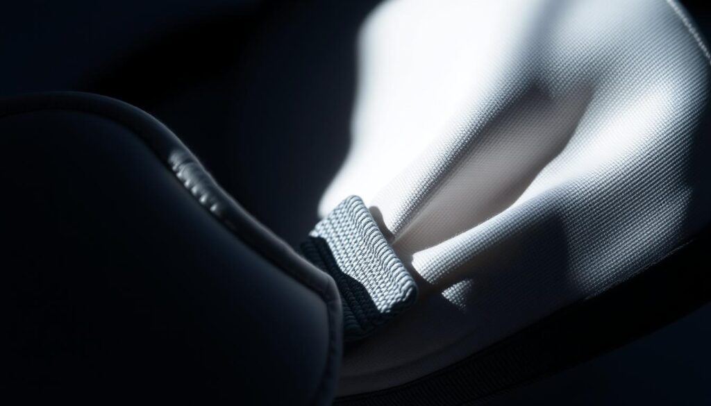 A close-up, highly detailed view of sleep mask components, showcasing their intricate design and materials. The foreground features the mask's soft, contoured eye cups, with their delicate stitching and plush padding visible. The middle ground highlights the adjustable elastic band, its tensile strength and flexible yet secure fit demonstrated. In the background, the breathable, lightweight fabric of the mask's outer shell is illuminated, capturing its subtle sheen and smooth texture. Dramatic side lighting casts shadows that accentuate the depth and dimensionality of each element, creating an atmospheric, almost cinematic quality. The overall impression is one of meticulous craftsmanship and thoughtful sleep mask engineering. A close-up, highly detailed view of sleep mask components, showcasing their intricate design and materials. The foreground features the mask's soft, contoured eye cups, with their delicate stitching and plush padding visible. The middle ground highlights the adjustable elastic band, its tensile strength and flexible yet secure fit demonstrated. In the background, the breathable, lightweight fabric of the mask's outer shell is illuminated, capturing its subtle sheen and smooth texture. Dramatic side lighting casts shadows that accentuate the depth and dimensionality of each element, creating an atmospheric, almost cinematic quality. The overall impression is one of meticulous craftsmanship and thoughtful sleep mask engineering.