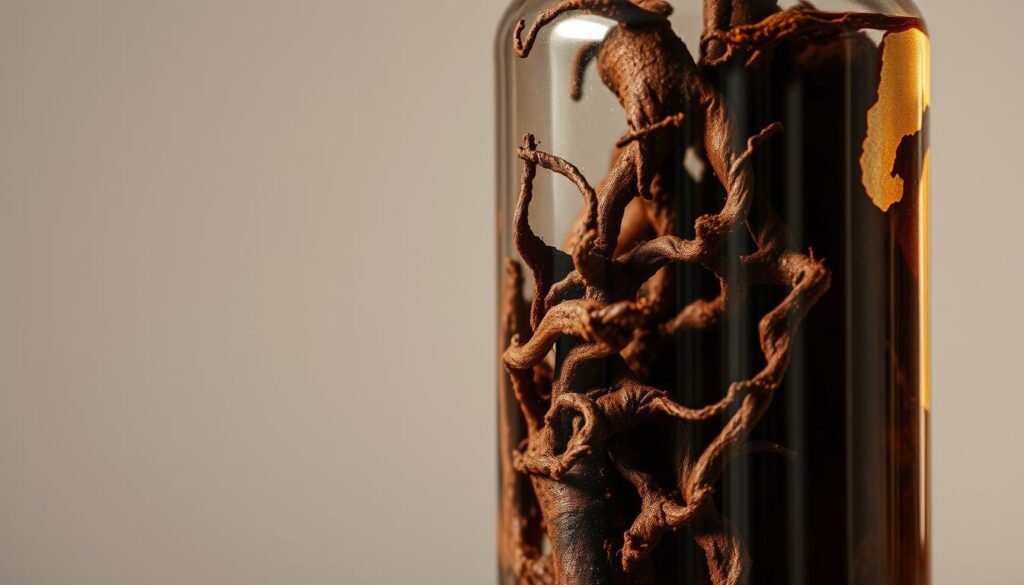 A close-up macro photograph of fresh, organically grown licorice root extract. The extract appears as a thick, viscous liquid in a clear glass vial, with the root's distinct dark brown, twisted and gnarled texture visible through the glass. The vial is set against a plain, muted background, allowing the extract to be the focal point. Soft, warm lighting from the side casts gentle shadows, highlighting the extract's rich, earthy tones and natural complexity. The lens is focused to capture the intricate details and patterns of the root's surface, conveying its potent, medicinal properties. A close-up macro photograph of fresh, organically grown licorice root extract. The extract appears as a thick, viscous liquid in a clear glass vial, with the root's distinct dark brown, twisted and gnarled texture visible through the glass. The vial is set against a plain, muted background, allowing the extract to be the focal point. Soft, warm lighting from the side casts gentle shadows, highlighting the extract's rich, earthy tones and natural complexity. The lens is focused to capture the intricate details and patterns of the root's surface, conveying its potent, medicinal properties.
