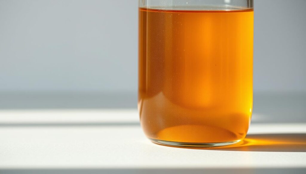 A close-up, macro shot of a clear glass bottle filled with a golden-amber liquid, capturing the natural essence of pure apple cider vinegar. The liquid has a subtle, hazy appearance, reflecting the unfiltered, unprocessed nature of the vinegar. The bottle is placed on a simple, minimalist background, allowing the vinegar to be the focal point. The lighting is soft and natural, casting gentle shadows that accentuate the viscosity and depth of the liquid. The overall composition and presentation convey the authentic, unrefined quality of the apple cider vinegar, in contrast with the artificial sweeteners and preservatives found in many commercial gummy products. A close-up, macro shot of a clear glass bottle filled with a golden-amber liquid, capturing the natural essence of pure apple cider vinegar. The liquid has a subtle, hazy appearance, reflecting the unfiltered, unprocessed nature of the vinegar. The bottle is placed on a simple, minimalist background, allowing the vinegar to be the focal point. The lighting is soft and natural, casting gentle shadows that accentuate the viscosity and depth of the liquid. The overall composition and presentation convey the authentic, unrefined quality of the apple cider vinegar, in contrast with the artificial sweeteners and preservatives found in many commercial gummy products.