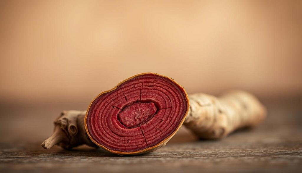 A close-up photograph of a licorice root against a soft, blurred background. The root is sliced in half, revealing its reddish-brown interior. The lighting is warm and diffused, highlighting the intricate textures and patterns within the root. The image conveys a sense of calmness and contemplation, inviting the viewer to consider the potential medicinal properties of this ancient botanical. The composition is balanced and the depth of field is shallow, drawing the eye to the central subject and creating a sense of depth and dimension. A close-up photograph of a licorice root against a soft, blurred background. The root is sliced in half, revealing its reddish-brown interior. The lighting is warm and diffused, highlighting the intricate textures and patterns within the root. The image conveys a sense of calmness and contemplation, inviting the viewer to consider the potential medicinal properties of this ancient botanical. The composition is balanced and the depth of field is shallow, drawing the eye to the central subject and creating a sense of depth and dimension.
