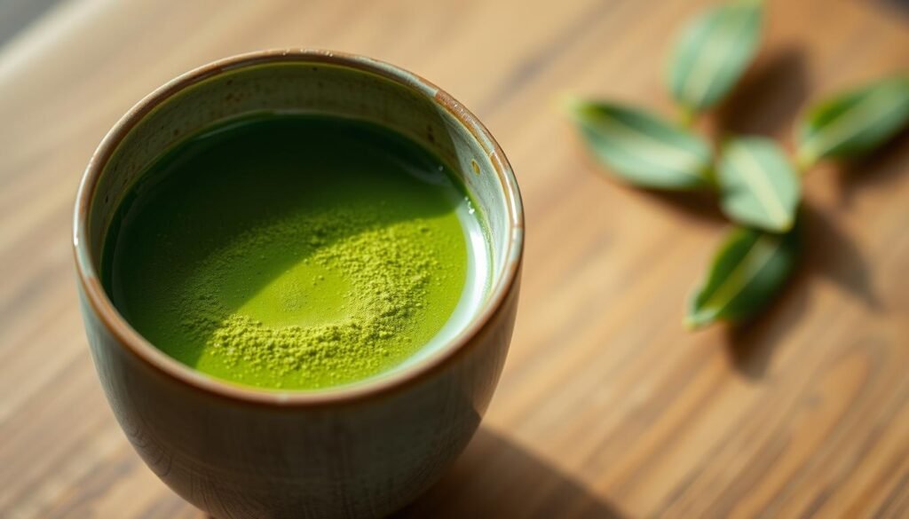 A close-up shot of a freshly brewed cup of matcha green tea, its vibrant emerald color glistening under soft, natural lighting. The powdery, velvety texture of the tea leaves is visible, suggesting their premium quality and rich concentration of nutrients. The cup is positioned on a simple, minimalist wooden surface, allowing the tea to be the focal point. The background is blurred, creating a sense of depth and focus on the matcha's captivating visual appeal. The overall mood is one of serenity, clarity, and a subtle invitation to experience the restorative powers of this ancient, ceremonial tea.