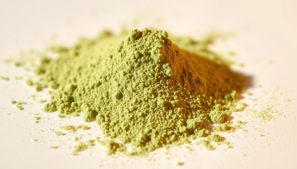 A close-up shot of a heap of fine, vibrant green powder. The powder appears airy and featherlight, with a soft, velvety texture. Warm, natural lighting casts gentle shadows, highlighting the powder's nuanced hues and subtle sheen. The frame is tightly focused, isolating the powder against a clean, minimalist background to emphasize its visual appeal. The overall impression is one of purity, freshness, and natural vitality - a visually striking representation of a nutritious, versatile ingredient.