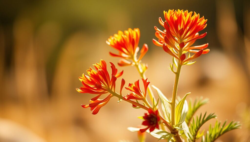 A close-up shot of a rhodiola rosea plant, its vibrant red-orange flowers blooming against a soft, out-of-focus natural backdrop. The plant is illuminated by warm, diffused sunlight, casting subtle shadows that accentuate its succulent leaves and sturdy stems. The image has a serene, calming atmosphere, conveying the plant's adaptogenic properties and its ability to help the viewer find focus and resilience in times of stress.