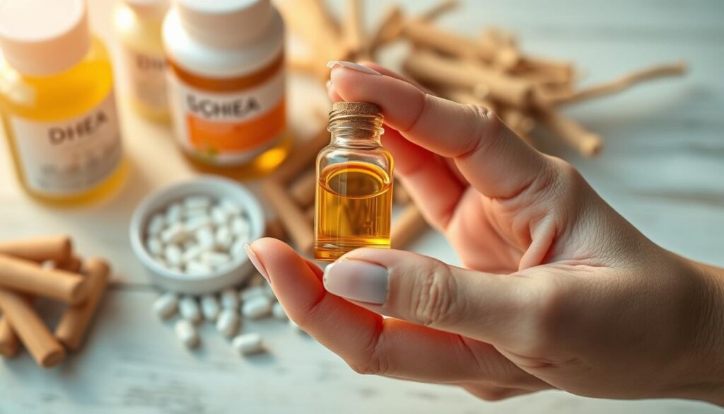 A close-up shot of a woman's hand holding a small glass vial filled with a golden-brown liquid, symbolic of licorice root extract. The vial is set against a soft, out-of-focus background of herbal ingredients like DHEA and estrogen supplements. Warm, natural lighting illuminates the scene, creating a sense of tranquility and focus on the targeted treatment. The composition emphasizes the centrality of the licorice root extract, conveying its importance in addressing the key concerns of PCOS, such as androgen imbalance and cyst reduction. A close-up shot of a woman's hand holding a small glass vial filled with a golden-brown liquid, symbolic of licorice root extract. The vial is set against a soft, out-of-focus background of herbal ingredients like DHEA and estrogen supplements. Warm, natural lighting illuminates the scene, creating a sense of tranquility and focus on the targeted treatment. The composition emphasizes the centrality of the licorice root extract, conveying its importance in addressing the key concerns of PCOS, such as androgen imbalance and cyst reduction.