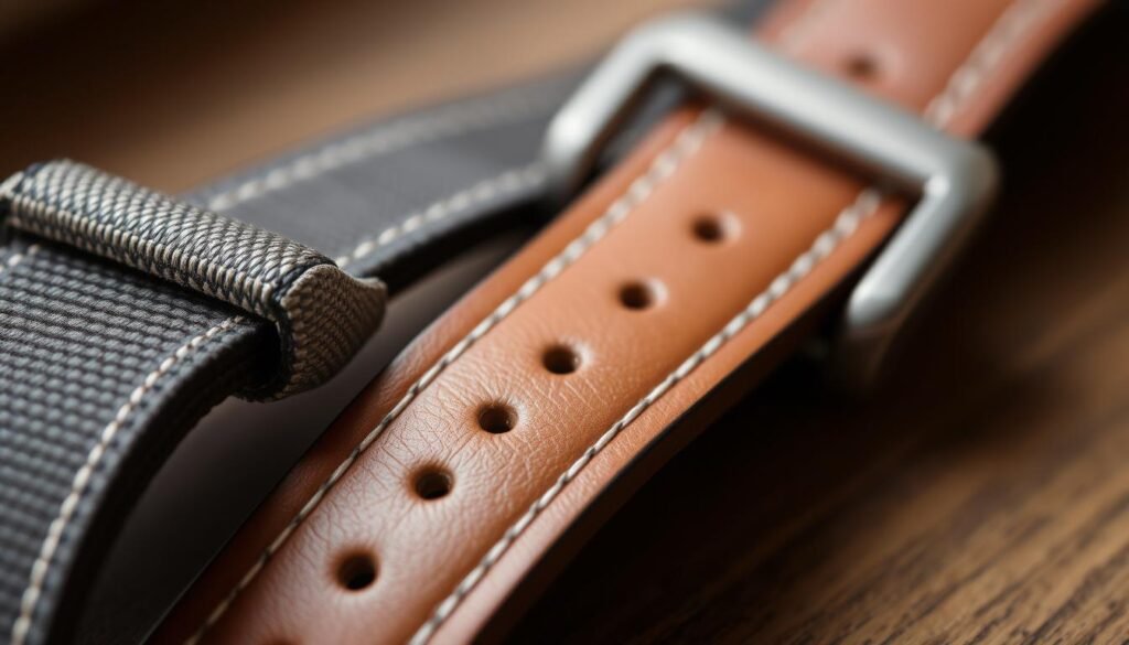 A close-up shot of high-quality, durable straps made from premium materials like soft leather or sturdy nylon. The straps have a clean, minimalist design with subtle stitching details. The lighting is natural and diffused, accentuating the rich textures and colors. The background is blurred, placing the focus entirely on the craftsmanship and build quality of the straps. The overall mood is one of understated elegance and attention to detail, reflecting the value and longevity of a well-made product.