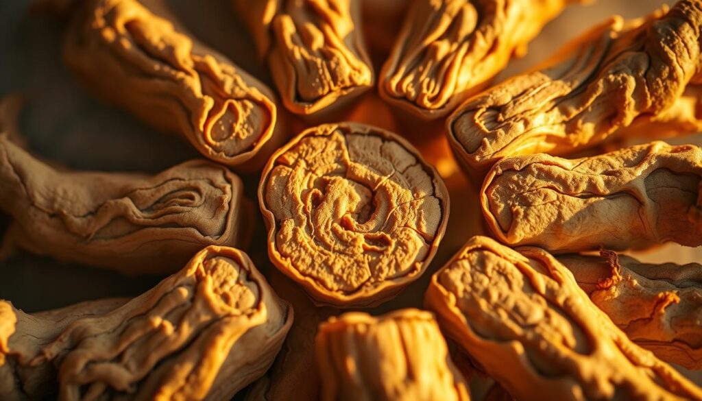 A close-up shot of several licorice root pieces arranged in a circular pattern, bathed in warm, golden light. The roots have a rich, earthy tone and intricate textures, with a sense of organic vitality. The background is softly blurred, creating a sense of focus on the medicinal properties of the licorice root. The lighting is angled to highlight the curvatures and shadows, emphasizing the natural form and the potential for therapeutic use. The overall mood is one of natural healing and herbal remedies, inviting the viewer to consider the benefits of licorice root for hormonal balance. A close-up shot of several licorice root pieces arranged in a circular pattern, bathed in warm, golden light. The roots have a rich, earthy tone and intricate textures, with a sense of organic vitality. The background is softly blurred, creating a sense of focus on the medicinal properties of the licorice root. The lighting is angled to highlight the curvatures and shadows, emphasizing the natural form and the potential for therapeutic use. The overall mood is one of natural healing and herbal remedies, inviting the viewer to consider the benefits of licorice root for hormonal balance.