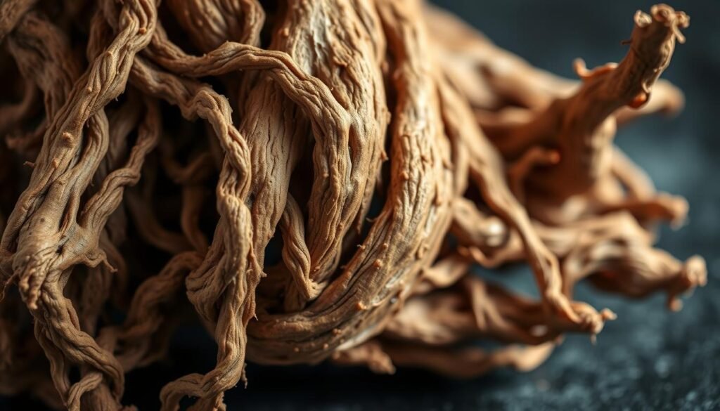 A close-up shot of the intricate root of the Withania somnifera plant, also known as Ashwagandha. The root is a rich, earthy brown color, with a twisted, gnarled texture that reveals its age and potency. The lighting is soft and diffused, casting gentle shadows that accentuate the root's contours and surface details. The background is blurred, allowing the viewer to focus solely on the captivating form of the Withania somnifera root extract, the key ingredient in the "Indian Ginseng" that has been used for centuries in Ayurvedic medicine to alleviate stress and promote overall well-being. A close-up shot of the intricate root of the Withania somnifera plant, also known as Ashwagandha. The root is a rich, earthy brown color, with a twisted, gnarled texture that reveals its age and potency. The lighting is soft and diffused, casting gentle shadows that accentuate the root's contours and surface details. The background is blurred, allowing the viewer to focus solely on the captivating form of the Withania somnifera root extract, the key ingredient in the "Indian Ginseng" that has been used for centuries in Ayurvedic medicine to alleviate stress and promote overall well-being.