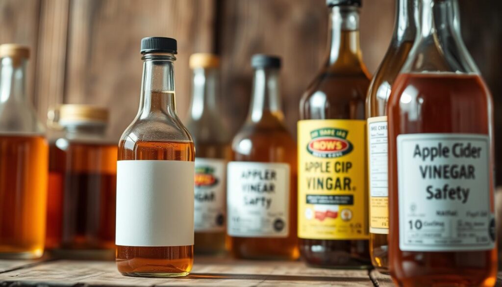 A close-up shot of various glass bottles filled with amber-colored apple cider vinegar, arranged on a rustic wooden surface. The bottles are illuminated from above, casting warm shadows and highlighting the liquid's natural hues. The foreground features a single bottle with a white label, conveying a sense of safety and information. The middle ground showcases additional bottles of varying sizes, suggesting a range of product options. The background blends soft, out-of-focus wooden textures, creating a calm and contemplative atmosphere. The overall scene exudes a sense of purity, quality, and attention to detail, aligning with the theme of "apple cider vinegar safety".