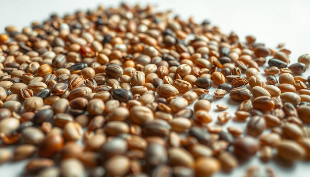 A close-up shot of various seeds arranged in a grid formation, with a crisp, high-resolution focus. The seeds should appear vibrant and detailed, showcasing their unique textures and colors. The background should be a clean, minimalist surface, allowing the seeds to be the central focus. The lighting should be soft and diffused, creating a serene and scientific atmosphere. The angle should be slightly elevated, giving the viewer a birds-eye perspective to emphasize the orderly arrangement of the seeds. The overall mood should convey a sense of objectivity and evidence-based presentation, suitable for illustrating the "What the Science Shows" section of the article. A close-up shot of various seeds arranged in a grid formation, with a crisp, high-resolution focus. The seeds should appear vibrant and detailed, showcasing their unique textures and colors. The background should be a clean, minimalist surface, allowing the seeds to be the central focus. The lighting should be soft and diffused, creating a serene and scientific atmosphere. The angle should be slightly elevated, giving the viewer a birds-eye perspective to emphasize the orderly arrangement of the seeds. The overall mood should convey a sense of objectivity and evidence-based presentation, suitable for illustrating the "What the Science Shows" section of the article.
