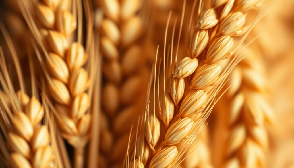A close-up shot of wheat grains, displaying their golden-brown hues and distinct texture. The image has a shallow depth of field, focusing the viewer's attention on the individual kernels. Soft, natural lighting illuminates the grains, casting gentle shadows that accentuate their intricate structure. The background is blurred, hinting at a warm, earthy tone that complements the subject. The overall mood is one of simplicity and careful observation, inviting the viewer to closely examine the essence of gluten.
