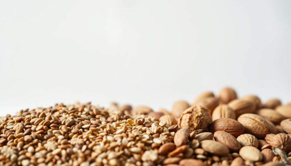 A close-up view of a collection of seeds, nuts, and natural ingredients against a clean, minimalist background. The foreground features an arrangement of flaxseeds, sesame seeds, and whole grains, highlighting their rich, earthy tones. The midground showcases a variety of nuts, such as walnuts and almonds, to represent the diverse sources of lignans. In the background, a soft, blurred gradient creates a sense of depth, emphasizing the nutritional and hormonal benefits of these ingredients. The lighting is soft and diffused, lending a natural, calming atmosphere to the scene. A close-up view of a collection of seeds, nuts, and natural ingredients against a clean, minimalist background. The foreground features an arrangement of flaxseeds, sesame seeds, and whole grains, highlighting their rich, earthy tones. The midground showcases a variety of nuts, such as walnuts and almonds, to represent the diverse sources of lignans. In the background, a soft, blurred gradient creates a sense of depth, emphasizing the nutritional and hormonal benefits of these ingredients. The lighting is soft and diffused, lending a natural, calming atmosphere to the scene.