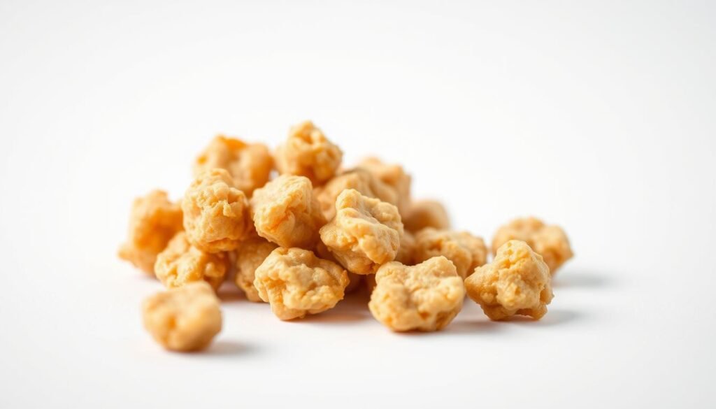 A close-up view of a handful of golden-brown soy protein nuggets, resting on a plain white background. The lighting is soft and diffused, creating a warm, natural glow that highlights the intricate, slightly textured surface of the nuggets. The angle is slightly elevated, allowing the viewer to appreciate the three-dimensional shape and volume of the soy protein pieces. The overall composition is simple and minimalistic, focusing the attention solely on the main subject and its distinctive qualities.