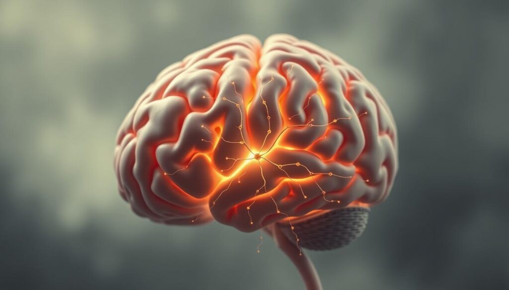 A close-up view of a human brain in a soft, muted color palette. The frontal lobe, responsible for the reward system, is highlighted and glows with a warm, golden hue, representing the release of dopamine. Delicate, intricate neural pathways radiate outward, conveying the complex web of chemical signals that drive our motivations and pleasure responses. The background is hazy and atmospheric, creating a sense of depth and emphasizing the internal, subjective experience of the brain's reward mechanisms. Soft, diffused lighting casts subtle shadows, lending a contemplative, almost meditative mood to the image.
