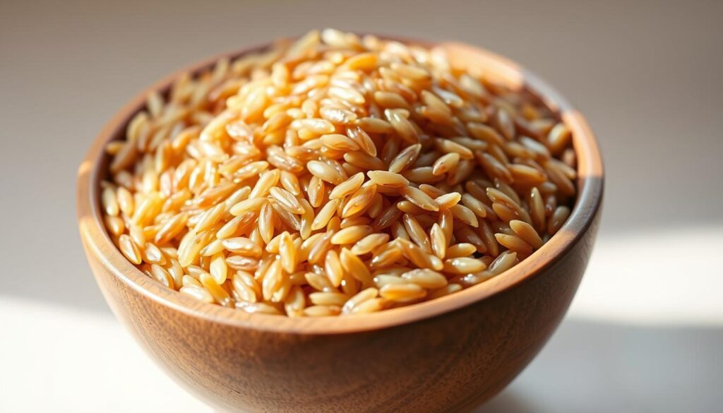 A close-up view of a wooden bowl filled with freshly cooked, glossy brown rice grains. The rice is arranged in a neat, symmetrical pattern, with individual grains clearly visible. Soft, natural lighting from the side casts gentle shadows, highlighting the rich, earthy tones and subtle textures of the rice. The bowl is positioned on a simple, neutral-colored background, allowing the rice to be the focal point. The overall mood is one of simplicity, wholesomeness, and the natural goodness of this versatile whole grain.