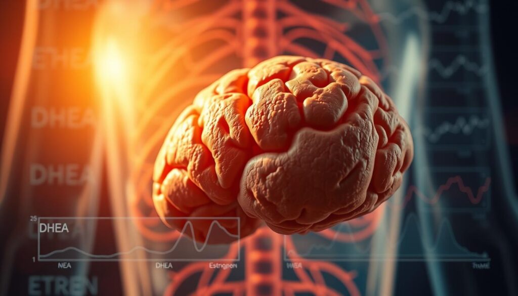 A close-up view of an adrenal gland against a background of a human body diagram, illuminated by warm, natural lighting. The adrenal gland is depicted in intricate detail, with its various anatomical structures and hormones highlighted. The foreground showcases the adrenal gland's role in regulating stress hormones, while the middle ground features a display of DHEA and estrogen levels, represented through data visualizations and line graphs. The background subtly suggests the interconnectedness of the adrenal, endocrine, and nervous systems, creating a sense of balance and harmony within the human body. A close-up view of an adrenal gland against a background of a human body diagram, illuminated by warm, natural lighting. The adrenal gland is depicted in intricate detail, with its various anatomical structures and hormones highlighted. The foreground showcases the adrenal gland's role in regulating stress hormones, while the middle ground features a display of DHEA and estrogen levels, represented through data visualizations and line graphs. The background subtly suggests the interconnectedness of the adrenal, endocrine, and nervous systems, creating a sense of balance and harmony within the human body.