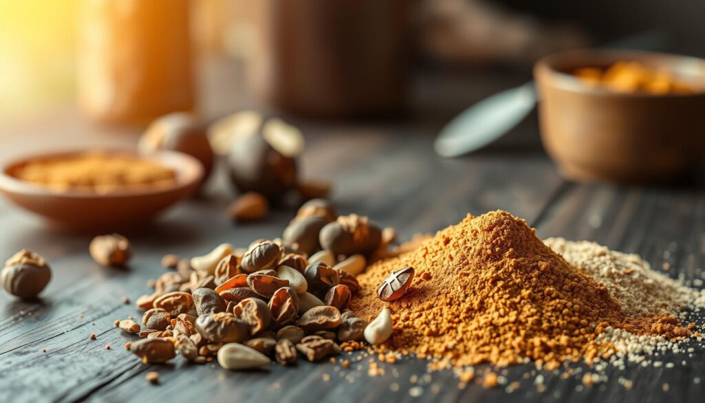 A close-up view of an array of ayurvedic triphala supplements, with the three main ingredients - amalaki, bibhitaki, and haritaki - prominently displayed. The herbal blend is arranged on a dark, wooden surface, bathed in warm, natural lighting that accentuates the earthy tones and textures of the dried fruits and powders. The composition is balanced, with the triphala elements occupying the foreground, while a blurred, out-of-focus background suggests a contemplative, meditative atmosphere. The overall impression is one of traditional, holistic wellness, inviting the viewer to explore the ancient principles of ayurvedic medicine. A close-up view of an array of ayurvedic triphala supplements, with the three main ingredients - amalaki, bibhitaki, and haritaki - prominently displayed. The herbal blend is arranged on a dark, wooden surface, bathed in warm, natural lighting that accentuates the earthy tones and textures of the dried fruits and powders. The composition is balanced, with the triphala elements occupying the foreground, while a blurred, out-of-focus background suggests a contemplative, meditative atmosphere. The overall impression is one of traditional, holistic wellness, inviting the viewer to explore the ancient principles of ayurvedic medicine.
