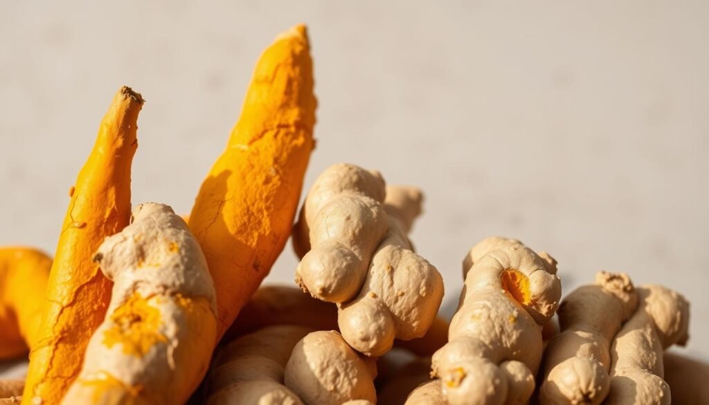 A close-up view of fresh turmeric (Curcuma longa) and ginger (Zingiber officinale) roots, captured in natural daylight against a neutral background. The vibrant, golden-orange turmeric rhizomes and the tan, knobby ginger roots are artfully arranged, showcasing their unique shapes, textures, and hues. The lighting casts soft shadows, accentuating the intricate details and the interplay of the roots. The composition is balanced, drawing the viewer's eye to the intertwined forms of these two powerful, anti-inflammatory botanical ingredients. The image conveys a sense of natural wellness, highlighting the essential qualities of these roots in a visually appealing and informative manner.