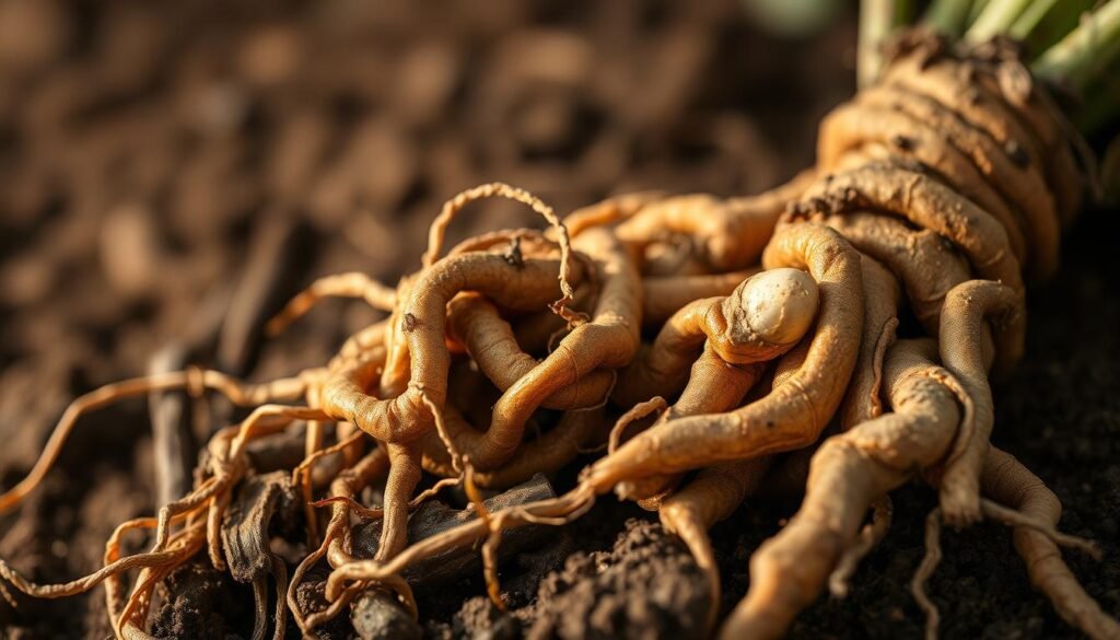 A close-up view of freshly harvested licorice root, its brown, knotted rhizomes emerging from the dark, nutrient-rich soil. The roots appear moist and earthy, with a slight sheen, as if just plucked from the earth. The background is blurred, creating a soft, natural focus on the intricate textures and organic forms of the licorice root. Warm, diffused lighting from the side casts gentle shadows, highlighting the intricate grooves and protuberances of the root's surface. The overall mood is one of natural, herbal vitality, inviting the viewer to explore the botanical wonder of this ancient medicinal plant. A close-up view of freshly harvested licorice root, its brown, knotted rhizomes emerging from the dark, nutrient-rich soil. The roots appear moist and earthy, with a slight sheen, as if just plucked from the earth. The background is blurred, creating a soft, natural focus on the intricate textures and organic forms of the licorice root. Warm, diffused lighting from the side casts gentle shadows, highlighting the intricate grooves and protuberances of the root's surface. The overall mood is one of natural, herbal vitality, inviting the viewer to explore the botanical wonder of this ancient medicinal plant.