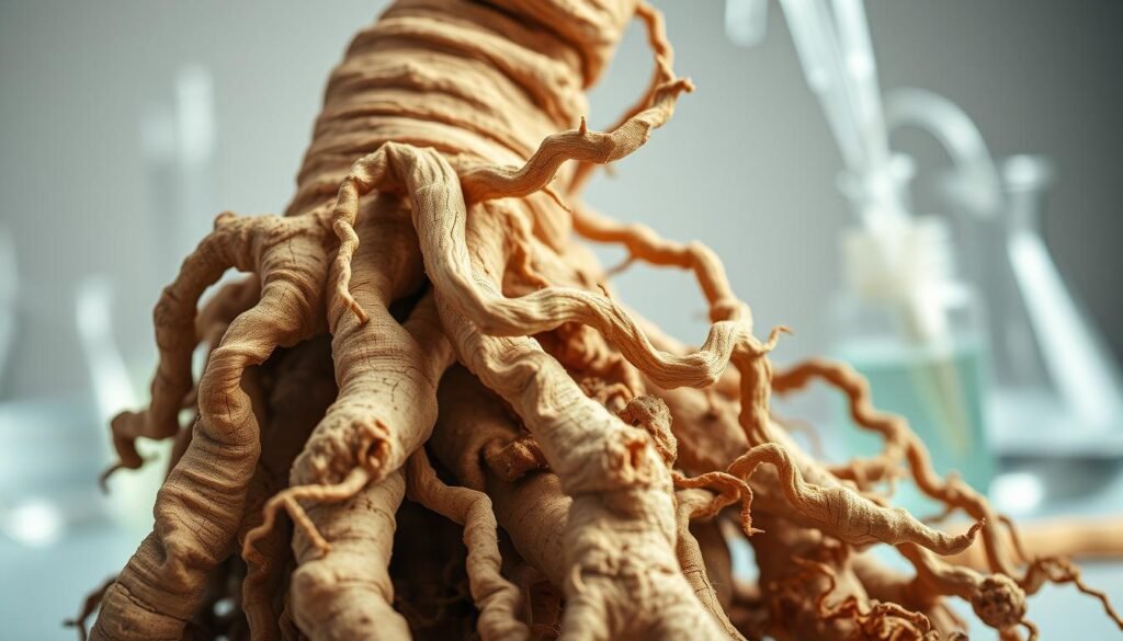 A close-up view of licorice root, its intricate textures and natural coloration on display. The foreground showcases the root's twisted, gnarled form, highlighting its unique botanical features. In the middle ground, scientific laboratory equipment, such as beakers and pipettes, suggest ongoing hormonal research. The background features a blurred, neutral setting, allowing the root and research tools to take center stage. The lighting is soft and natural, casting gentle shadows that accentuate the root's organic shapes. The overall mood is one of scientific inquiry and the pursuit of understanding the potential hormonal benefits of this remarkable plant. A close-up view of licorice root, its intricate textures and natural coloration on display. The foreground showcases the root's twisted, gnarled form, highlighting its unique botanical features. In the middle ground, scientific laboratory equipment, such as beakers and pipettes, suggest ongoing hormonal research. The background features a blurred, neutral setting, allowing the root and research tools to take center stage. The lighting is soft and natural, casting gentle shadows that accentuate the root's organic shapes. The overall mood is one of scientific inquiry and the pursuit of understanding the potential hormonal benefits of this remarkable plant.