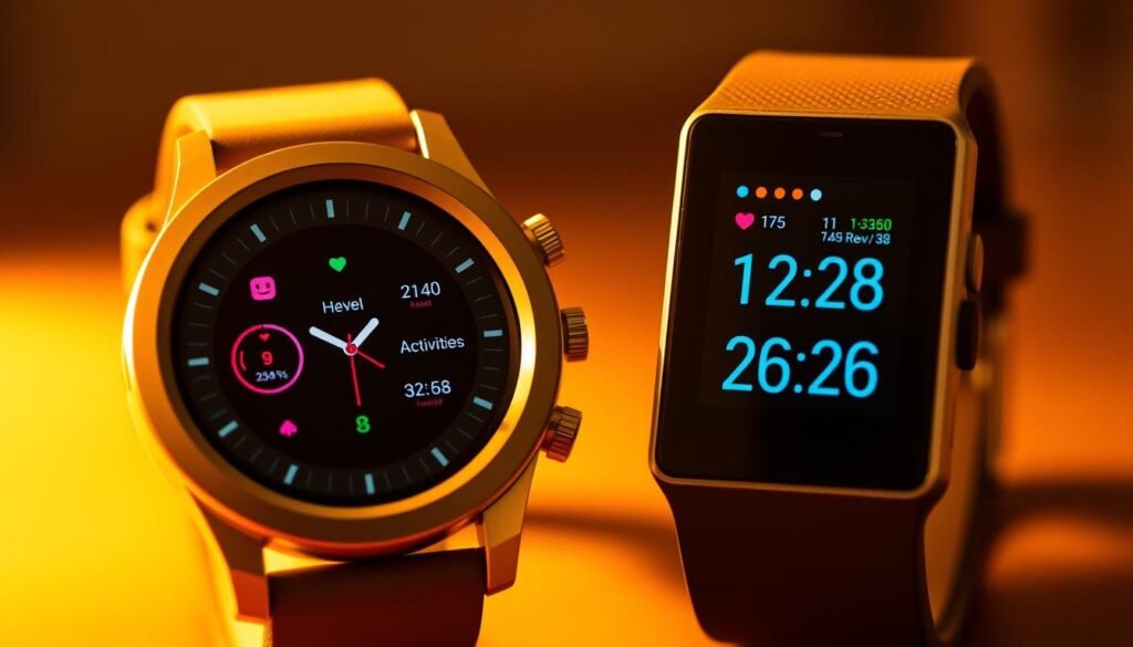 A close-up view of two contemporary smartwatches displaying their respective fitness and health tracking metrics on high-resolution, vibrant OLED displays. The Google Pixel Watch with Fitbit integration showcases an array of data including heart rate, activity levels, and sleep stages, while a legacy Fitbit model presents similar biometric information in a sleek, minimalist interface. The scene is illuminated by warm, directional lighting that accentuates the watches' metallic bezels and glass faces, creating a professional, technically-focused atmosphere. The background is blurred, keeping the focus on the watches' detailed metrics and user interfaces. A close-up view of two contemporary smartwatches displaying their respective fitness and health tracking metrics on high-resolution, vibrant OLED displays. The Google Pixel Watch with Fitbit integration showcases an array of data including heart rate, activity levels, and sleep stages, while a legacy Fitbit model presents similar biometric information in a sleek, minimalist interface. The scene is illuminated by warm, directional lighting that accentuates the watches' metallic bezels and glass faces, creating a professional, technically-focused atmosphere. The background is blurred, keeping the focus on the watches' detailed metrics and user interfaces.