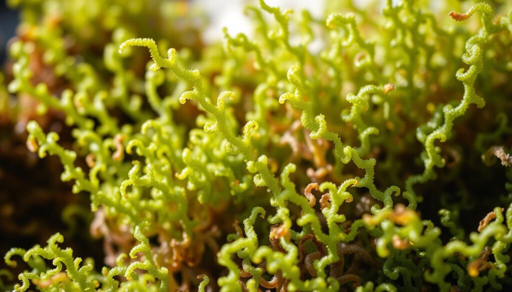 A closeup of an array of vibrant green sea moss fronds, their delicate tendrils twisting and curling against a backdrop of soft, muted colors. The lighting is natural and diffused, casting a gentle glow that highlights the intricate textures and vibrant hues of the sea moss. The image is captured from a slightly elevated angle, creating a sense of depth and emphasizing the three-dimensional nature of the subject. The overall mood is serene and nourishing, inviting the viewer to appreciate the beauty and potential health benefits of this versatile marine plant. A closeup of an array of vibrant green sea moss fronds, their delicate tendrils twisting and curling against a backdrop of soft, muted colors. The lighting is natural and diffused, casting a gentle glow that highlights the intricate textures and vibrant hues of the sea moss. The image is captured from a slightly elevated angle, creating a sense of depth and emphasizing the three-dimensional nature of the subject. The overall mood is serene and nourishing, inviting the viewer to appreciate the beauty and potential health benefits of this versatile marine plant.