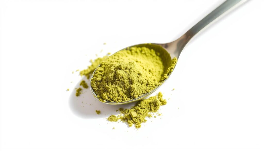 A closeup shot of a spoon filled with a fine, vibrant green powder against a crisp white background. The powder appears to be finely milled, with a silky, almost powdery texture, evenly dispersed throughout the spoon. Bright, natural lighting illuminates the scene, casting a subtle glow on the powder and highlighting its nuanced shades of green. The image conveys a sense of purity, concentration, and the natural potency of antioxidant-rich ingredients like EGCG, catechins, quercetin, and chlorogenic acid.