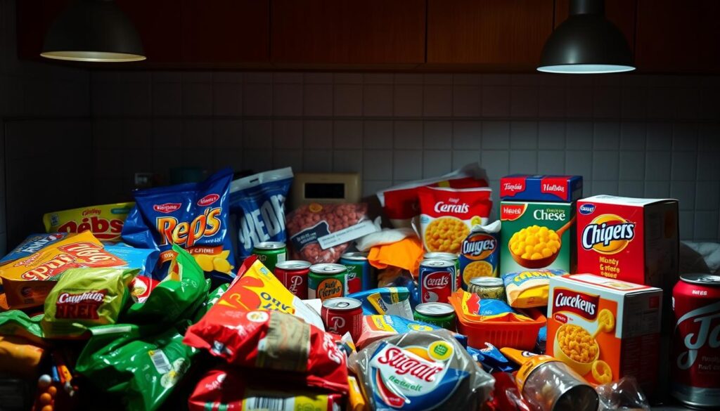 A cluttered countertop filled with an array of highly processed foods: neon-colored packages of chips, sugary breakfast cereals, soda cans, and a box of microwavable mac and cheese. Harsh overhead lighting casts dramatic shadows, emphasizing the artificial, unnatural quality of the scene. The foreground is a jumble of brightly-colored, heavily-branded products, while the middle ground features a stainless steel appliance or two, hinting at the modern kitchen environment. In the blurred background, a generic tiled wall or backsplash provides a plain, clinical backdrop, reinforcing the sense of an impersonal, mass-produced culinary landscape. A cluttered countertop filled with an array of highly processed foods: neon-colored packages of chips, sugary breakfast cereals, soda cans, and a box of microwavable mac and cheese. Harsh overhead lighting casts dramatic shadows, emphasizing the artificial, unnatural quality of the scene. The foreground is a jumble of brightly-colored, heavily-branded products, while the middle ground features a stainless steel appliance or two, hinting at the modern kitchen environment. In the blurred background, a generic tiled wall or backsplash provides a plain, clinical backdrop, reinforcing the sense of an impersonal, mass-produced culinary landscape.