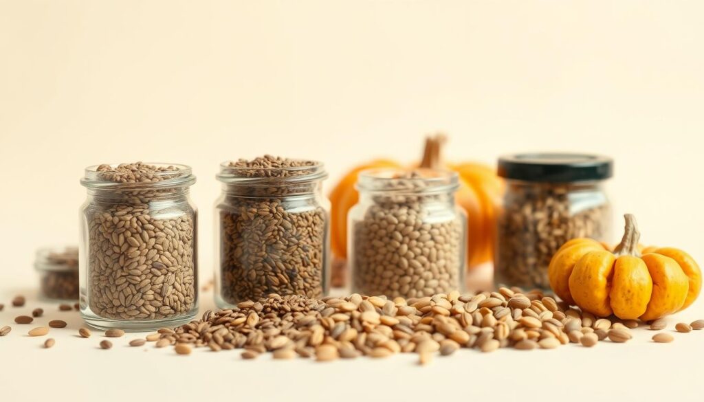A collection of various research-focused seeds, meticulously arranged against a soft, neutral background. In the foreground, a selection of chia, flax, and hemp seeds are displayed in small glass jars, their textures and colors contrasting subtly. In the middle ground, a handful of whole pumpkin and sunflower seeds are scattered, suggesting the breadth of beneficial seed varieties. The background features a clean, minimalist setup, with a subtle vignette effect creating a sense of focus and depth. Warm, natural lighting casts a gentle glow, emphasizing the inherent beauty and nutritional promise of these research-backed seeds. A collection of various research-focused seeds, meticulously arranged against a soft, neutral background. In the foreground, a selection of chia, flax, and hemp seeds are displayed in small glass jars, their textures and colors contrasting subtly. In the middle ground, a handful of whole pumpkin and sunflower seeds are scattered, suggesting the breadth of beneficial seed varieties. The background features a clean, minimalist setup, with a subtle vignette effect creating a sense of focus and depth. Warm, natural lighting casts a gentle glow, emphasizing the inherent beauty and nutritional promise of these research-backed seeds.