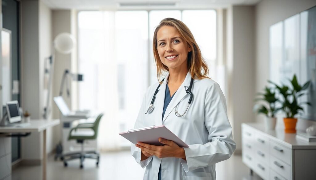 A compassionate female doctor in a white coat, standing in a well-lit medical office, her face conveying a warm, reassuring expression. She holds a clipboard, ready to provide expert guidance on women's health and safety. The office features modern medical equipment, neutral-toned decor, and large windows flooding the space with natural light, creating a calming, professional atmosphere. The doctor's posture is upright and confident, projecting an aura of competence and care. A compassionate female doctor in a white coat, standing in a well-lit medical office, her face conveying a warm, reassuring expression. She holds a clipboard, ready to provide expert guidance on women's health and safety. The office features modern medical equipment, neutral-toned decor, and large windows flooding the space with natural light, creating a calming, professional atmosphere. The doctor's posture is upright and confident, projecting an aura of competence and care.