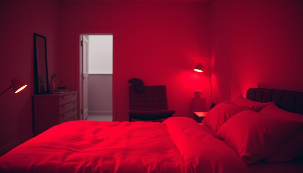 A cozy bedroom at night, bathed in the warm glow of a red light therapy device. The device casts a soft, diffused crimson illumination across the space, creating a calming and tranquil atmosphere. In the foreground, a plush, inviting bed with crisp, white linens beckons for a peaceful night's sleep. The middle ground features minimal, streamlined furniture - a nightstand, a dresser, and a reading chair - all accentuated by the soothing red tones. The background fades into a serene, muted palette, with hints of a neutral-toned wall and a discreet window, suggesting a sense of privacy and solitude. The overall scene evokes a restorative and rejuvenating environment, perfect for preparing the mind and body for a restful night. A cozy bedroom at night, bathed in the warm glow of a red light therapy device. The device casts a soft, diffused crimson illumination across the space, creating a calming and tranquil atmosphere. In the foreground, a plush, inviting bed with crisp, white linens beckons for a peaceful night's sleep. The middle ground features minimal, streamlined furniture - a nightstand, a dresser, and a reading chair - all accentuated by the soothing red tones. The background fades into a serene, muted palette, with hints of a neutral-toned wall and a discreet window, suggesting a sense of privacy and solitude. The overall scene evokes a restorative and rejuvenating environment, perfect for preparing the mind and body for a restful night.